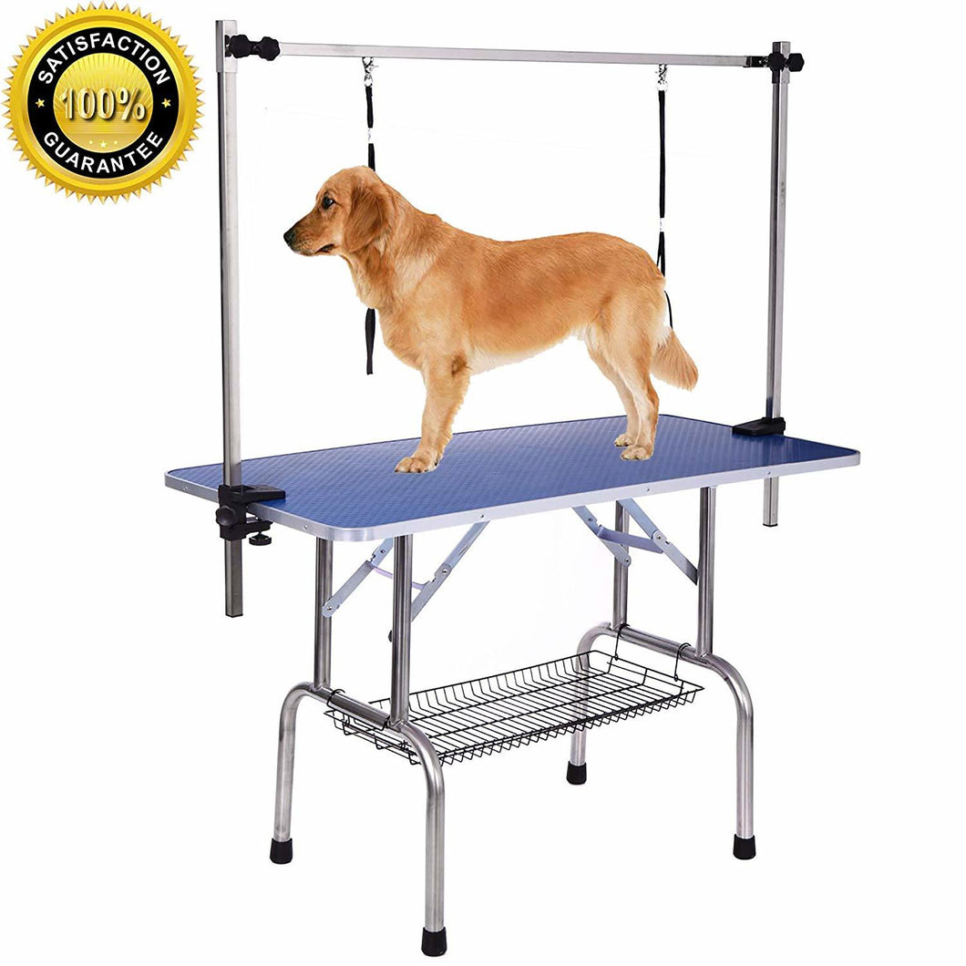 Folding Pet Grooming Table with Stainless Steel and Storage Basket